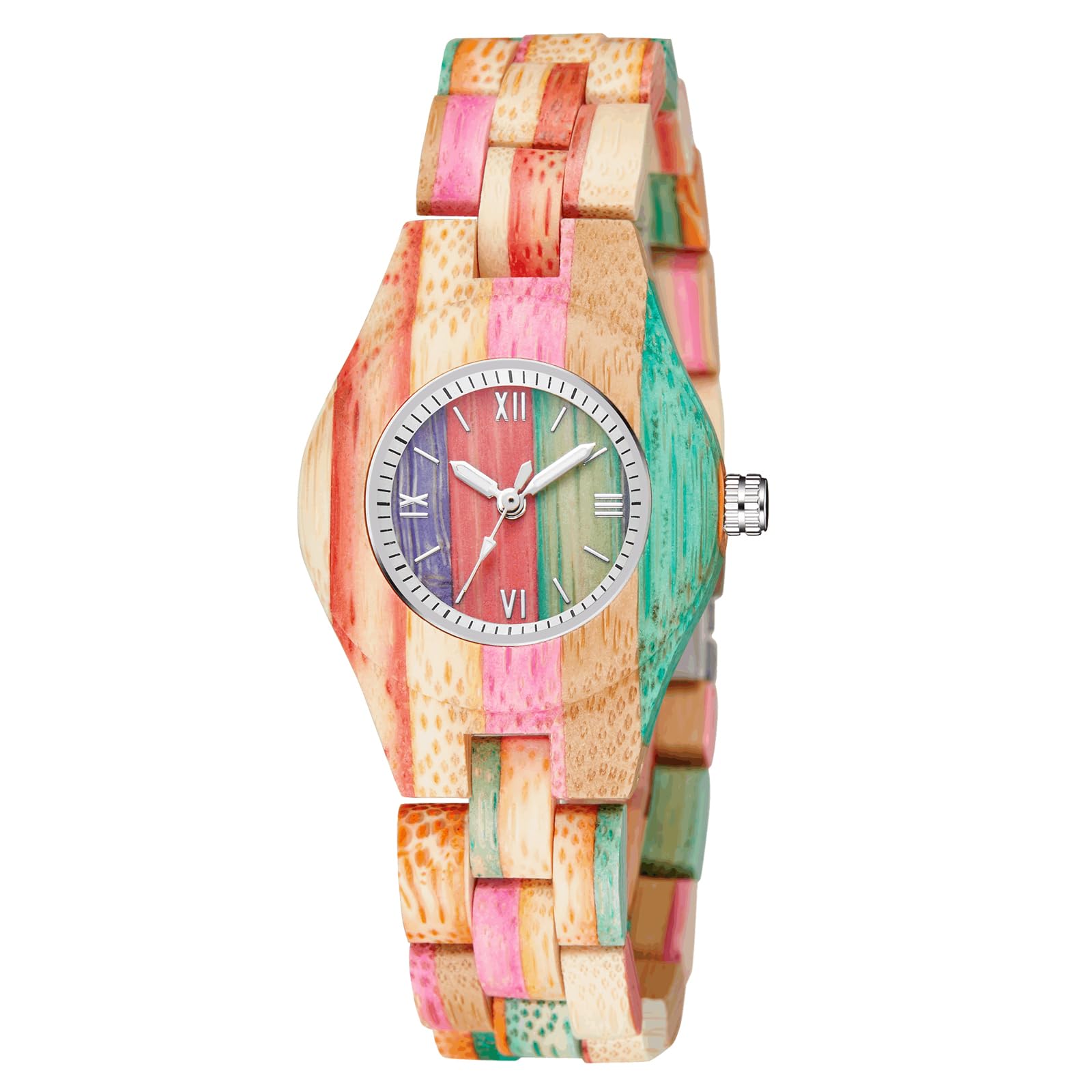 Tiong Reloj de madera para mujer Colorido Bambú Relojes de cuarzo Relojes de mujer Relojes analógicos Números Romanos Relojes de Madera Reloj de Madera para Mujeres, Wq1109-colorido, Retro