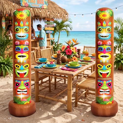Hollowfly 2 Pack 7 ft Inflatable Tiki Luau Party Decorations Hawaiian Luau Tropical Inflatables Tiki Decoration Blow up Party Beach Supplies for Hawaiian Bar Pool Outdoor Yard Decor(Summer) — view 6