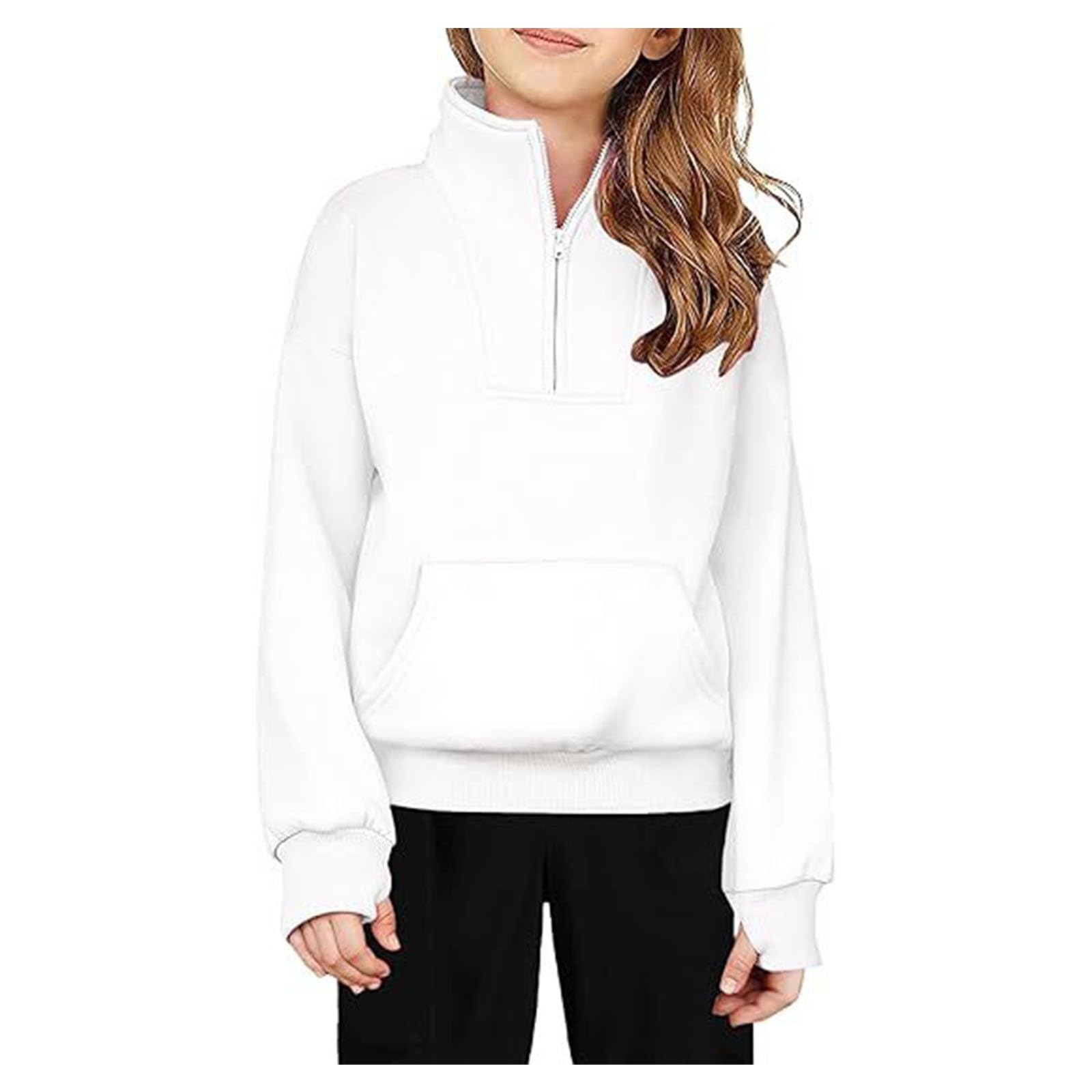 Sweat à Capuche Pour Ado – Couleur Unie, Fermeture Demi-zippé, Manches Avec Trous Pour Pouces – Unisexe Et Confortable