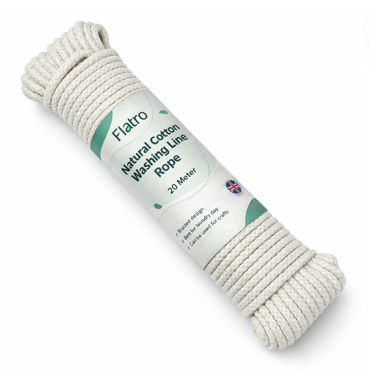 Flatro White Washing Line Rope For Clothesline | 20M Soft Braided Natural Cotton Clothes Line For Outside | 4Mm Thick Strong Washing Line Rope Cord | Snag & Tear Resistant Washing Lines Outdoor (20M)