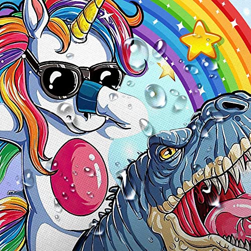 Cute Unicorn Riding Dinosaur Shower Curtain For Kids Bathroom, Funny Cartoon Rainbow Fantasy Galaxy Space Fabric Shower Curtains Set, Boys Girls Restroom Decor Accessories With Hooks 72X72 Inch #TOP4