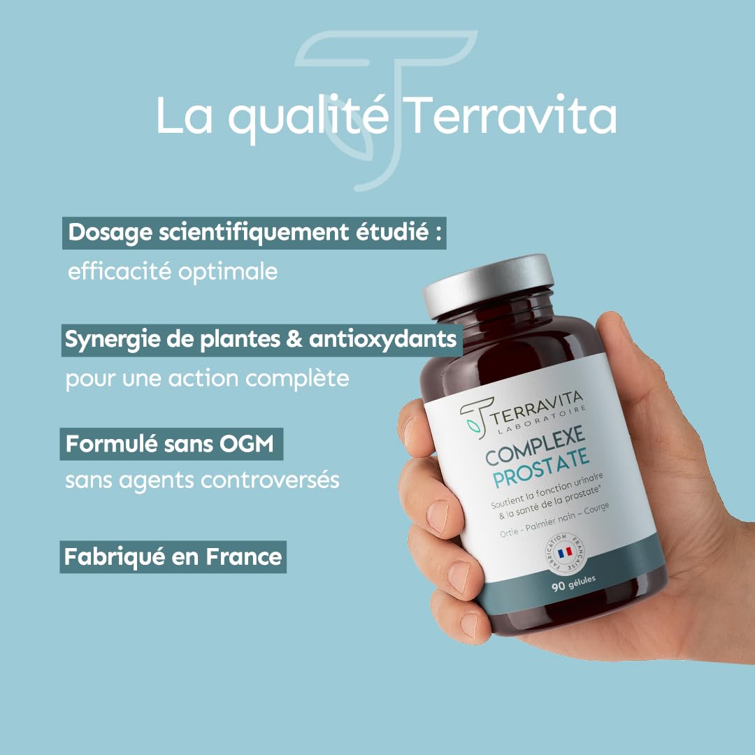 Complexe PROSTATE | Protection de la Prostate et Confort Urinaire Homme | Lutte Naturellement et Efficacement contre l’HBP et les Mictions | Dosage Clinique | 90 Gélules | Made in France | Terravita