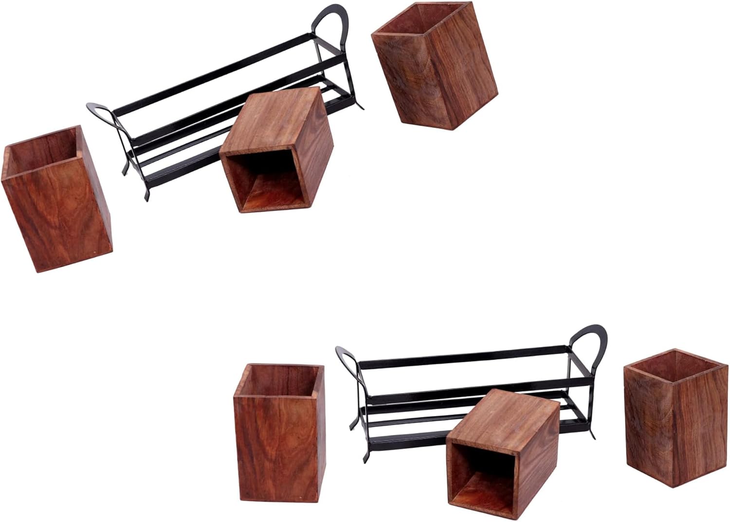 Wooden Cutlery Stand for Kitchen, Multipurpose Stand & Wrought Iron Spoon Forks & Knives Holder, Dining Table Organizer with 3 Wooden Jar for Home Office Cafe & Restaurant, Brown, 1Pcs