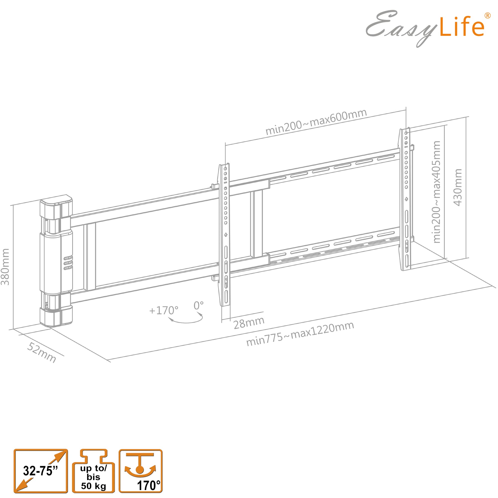 EasyLife Supporto da Parete per TV Elettrico e Orientabile Fino a 170°, Supporto VESA Fino a 600×400 per TV LCD/OLED/Curvi, Monitor, Display e Smartboard da 32 a 75 Pollici e Fino a 50kg Max - Nero