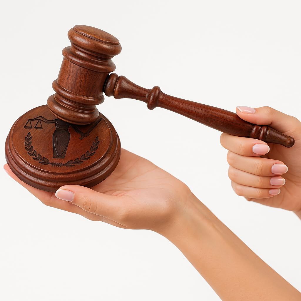 Premium Wooden Judge Gavel and Block Set, Handcrafted Mahogany Finish, Traditional Court Hammer with Decorative Scale of Justice Design, Professional Legal Courtroom Accessory