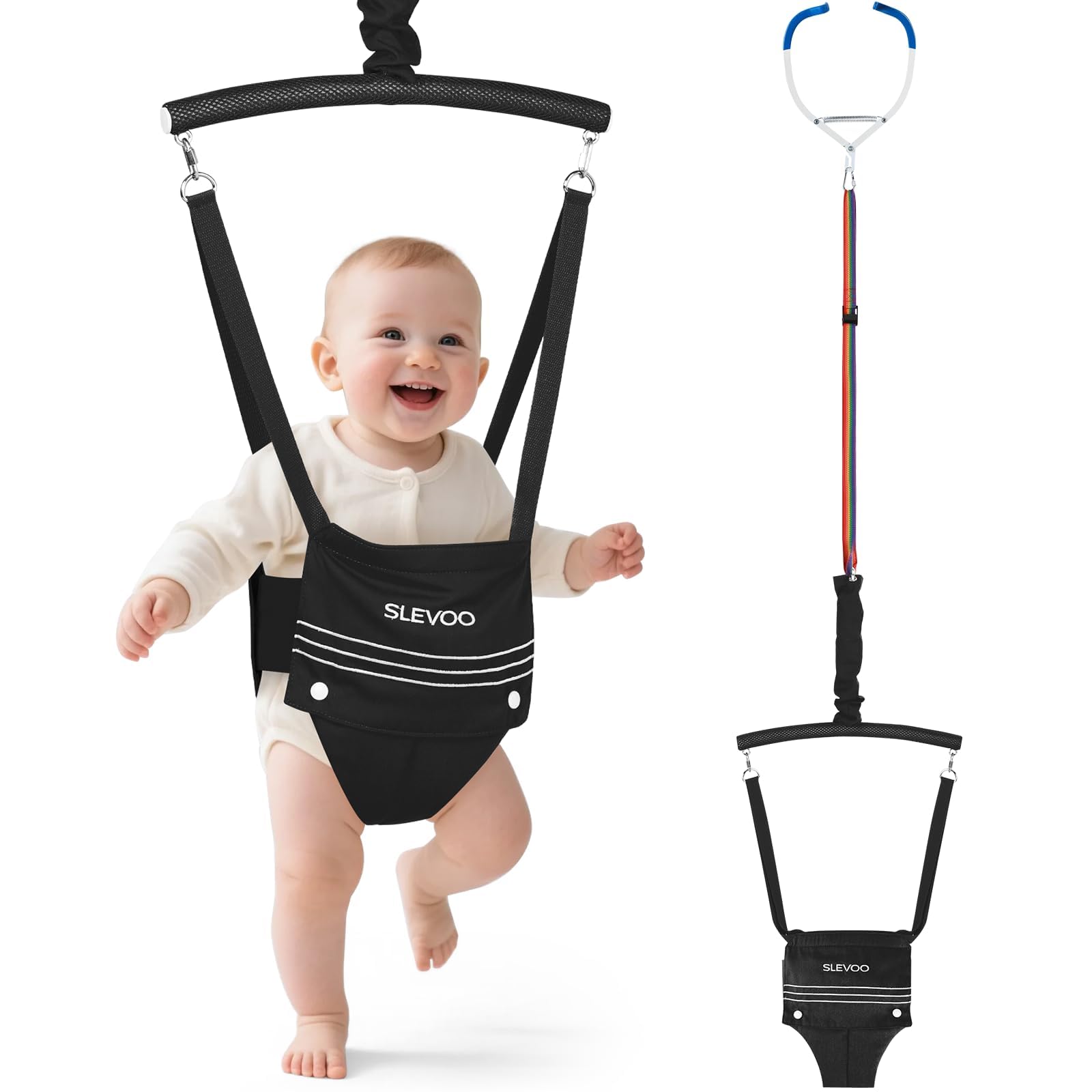 Slevoo Baby Jumper, BabyTürhopser für Babys von 6–24 Monaten, Baby-Türwippe mit einfach zu verwendender Klemme und verstellbarem Gurt, Tragfähigkeit 18 kg (Schwarz)