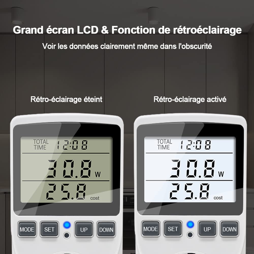 KETOTEK Wattmètre Prise Compteur d'Énergie, Consommation d'Énergie avec 11 modes, Écran LCD Rétroéclairé, Compteur d'Énergie Électrique pour Économie d'Energie, Surcharges de Protection, 3680W