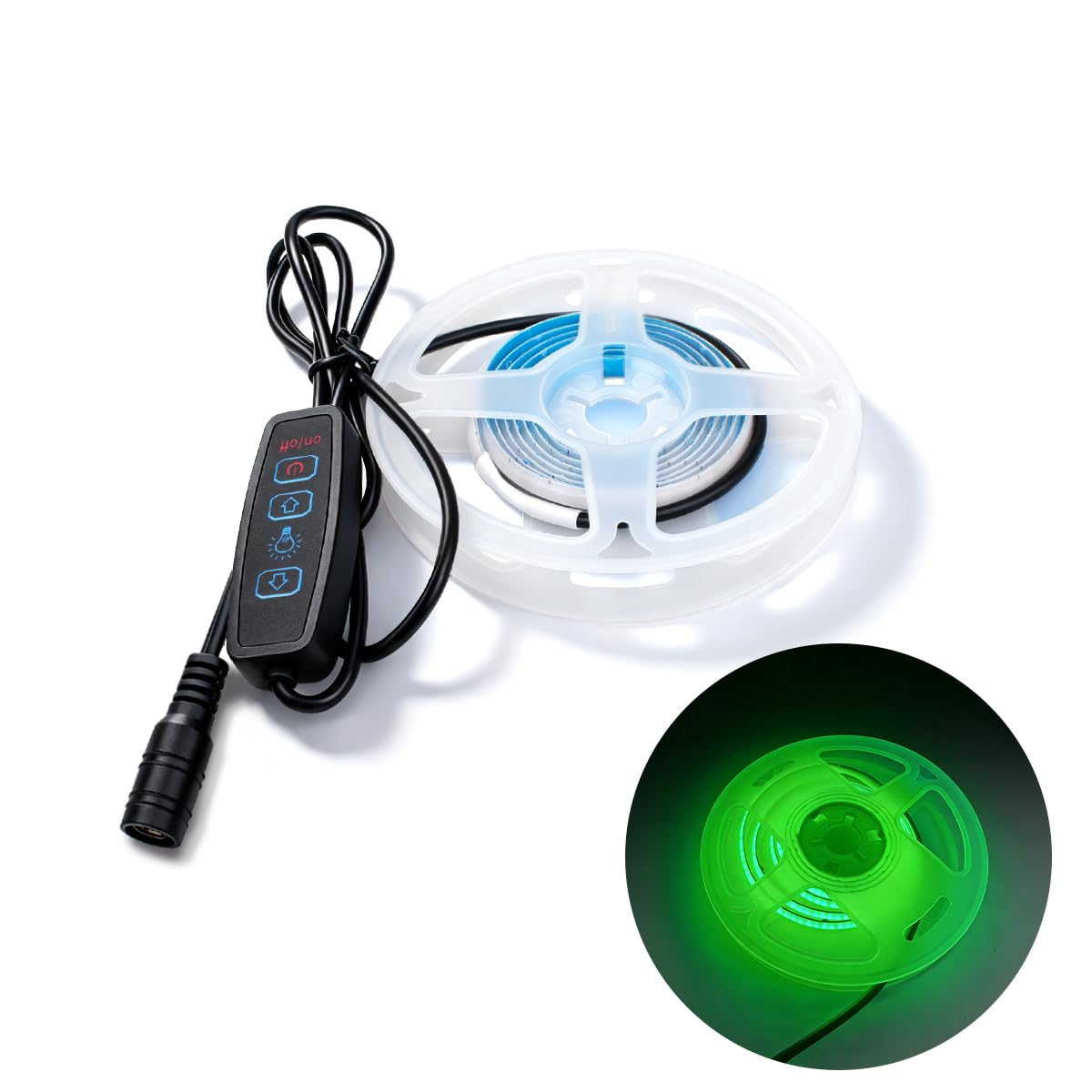 Innfeeltech 1M COB LED Light Strip, 5mm Width 12V Green 400LEDs/m Light Strip, Dimming Button with DC Connector