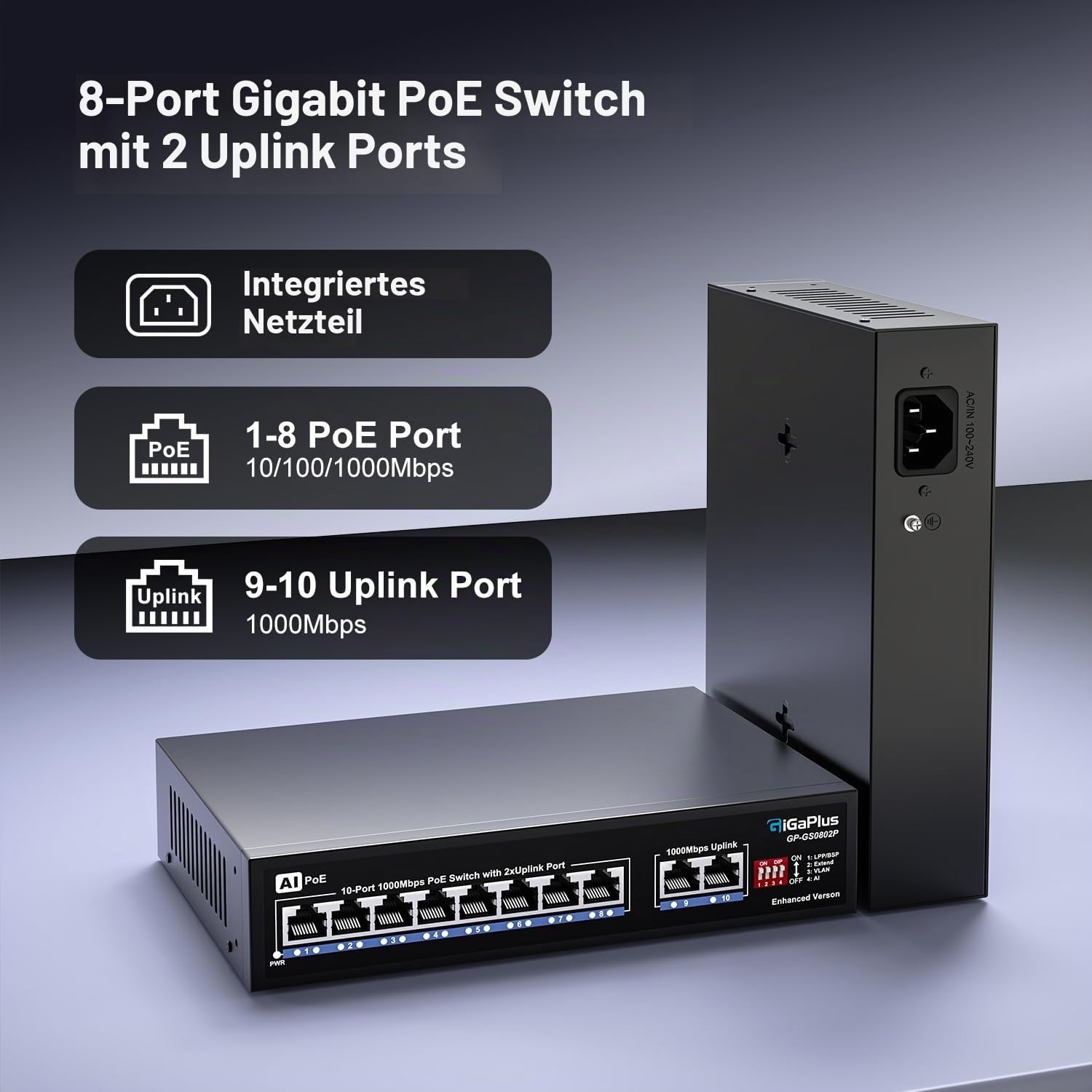 10 Port Gigabit PoE Switch with 8 Port PoE+ 1000Mbps, 2x1000Mbps Uplink, GiGaPlus 10 Port IEEE802.3af/at PoE @72W, Support VLAN, AI watchdog, Metal Housing, Desktop or Wall-Mount, Plug & Play