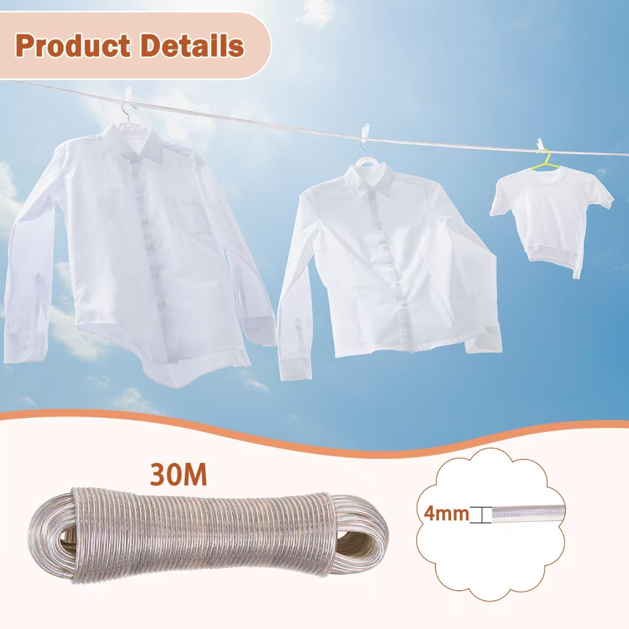 Tiusixsy Filo per Stendere il Bucato da Esterno 30 m, Filo Stendibiancheria per Esterno, Corde per Stendere i Panni, 4 mm Extra Forte, resistente alla ruggine e alla corrosione, adatto per uso esterno