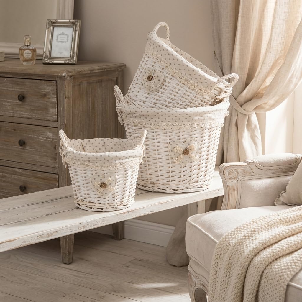 Set 3 Ceste in Vimini Naturale Foderate in Cotone Bianco Shabby Chic, Cestini Portaoggetti Intrecciati con Manici, Organizer Decorativi per Casa Soggiorno Camera da Letto Bagno