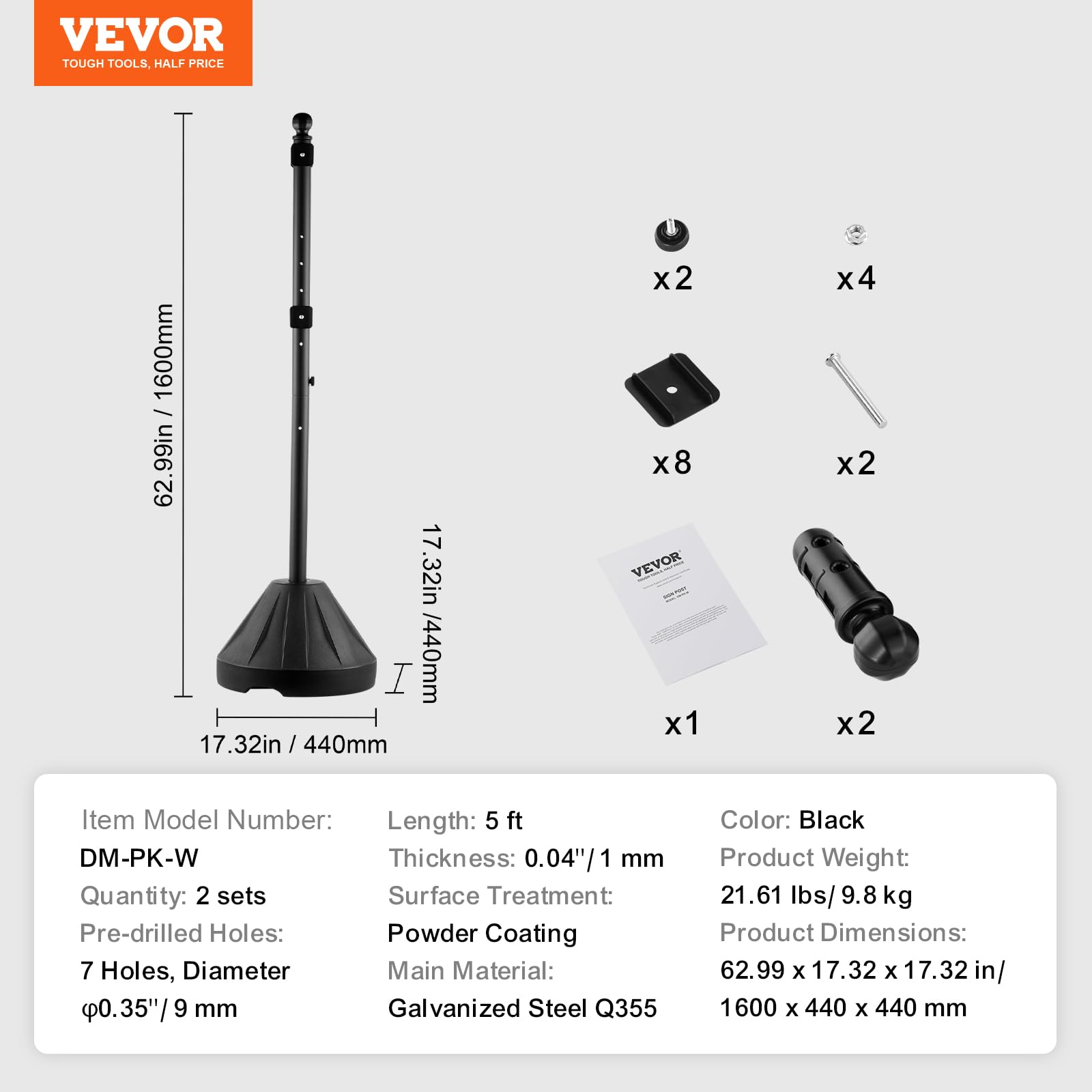VEVOR Portacartello Portatile, Supporto per Cartello in Ghisa di Parcheggio Mobile 1524 mm con Base in Plastica Rigida e Ruote, per Cartelli Stradali di Divieto di Parcheggio, Bulloni e Dadi, Nero