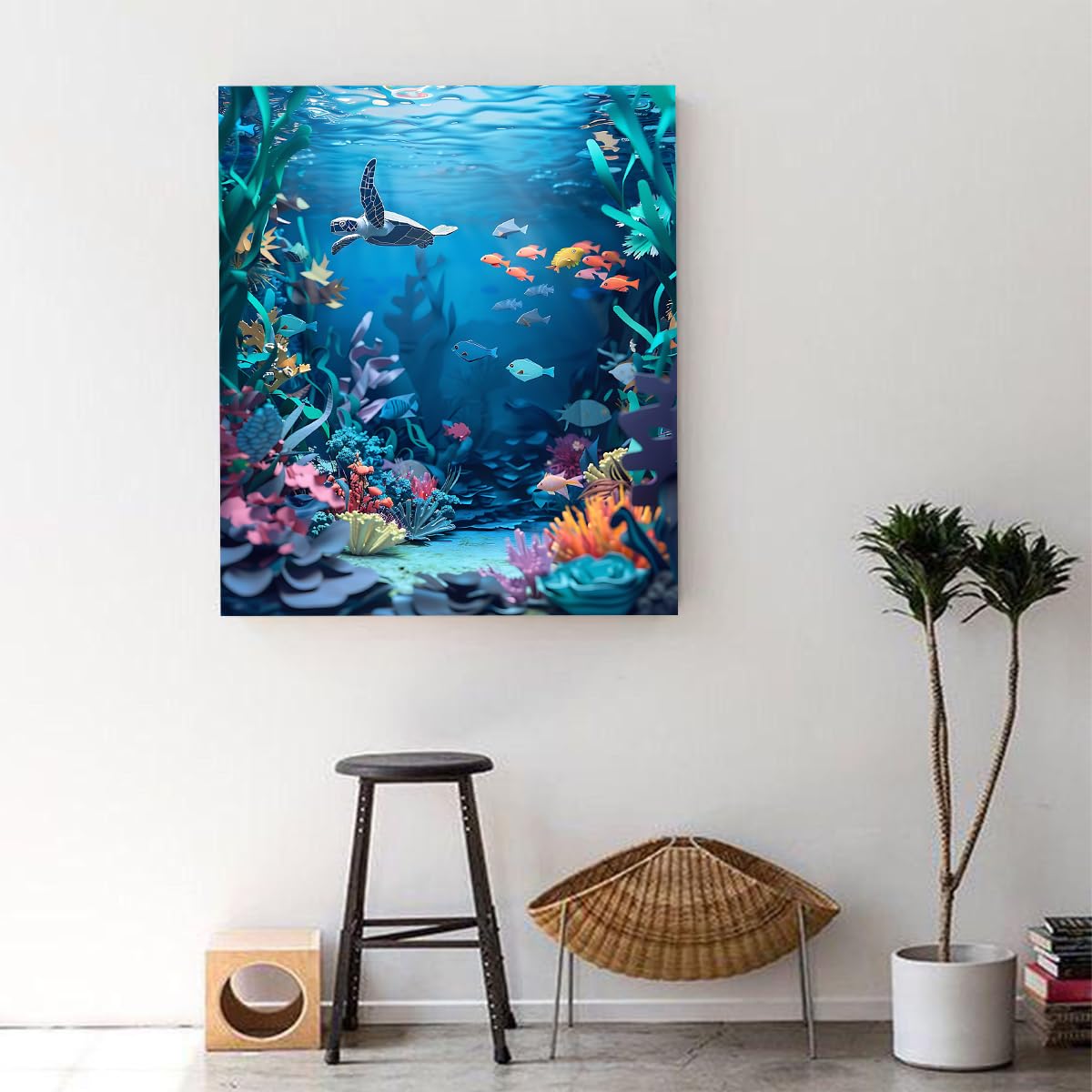Niebieski ocean sztuka ścienna z rybami tropikalnymi do salonu 70 x 90 cm
