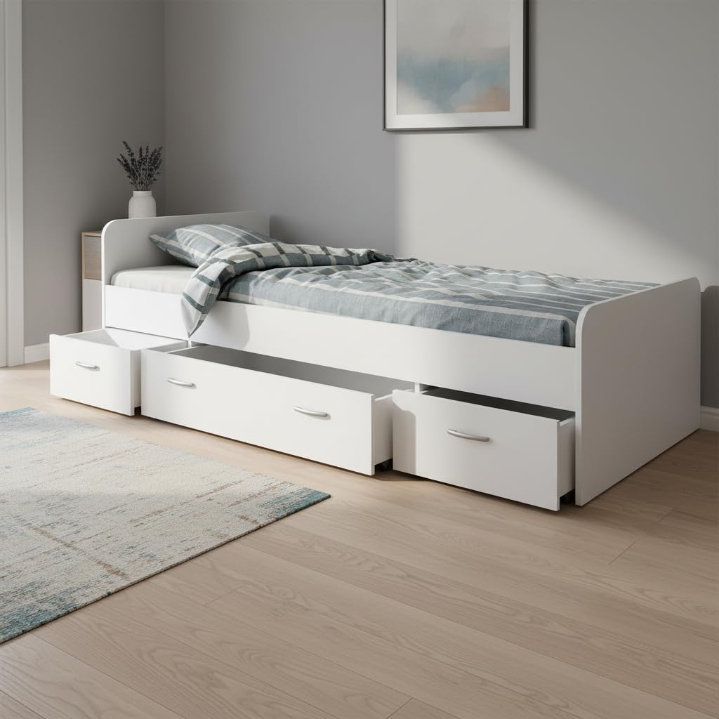 Boro Modernes Einzelbett mit 3X Schubkästen 90 x 200 cm - Praktisches Jugendzimmer Kojenbett in Weiß - 95 x 66 x 204 cm (B/H/T)