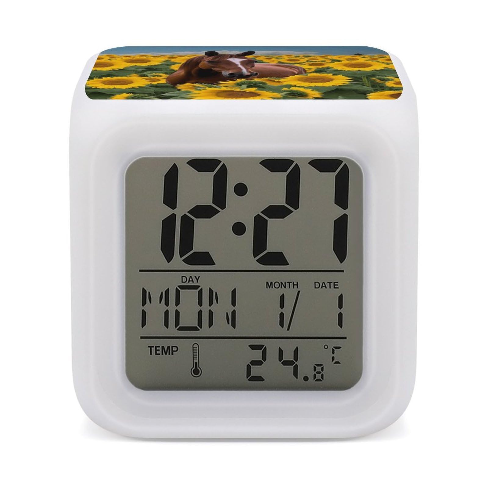 JTREHY 7 Color Changing LED Digital Alarm Clock,Horse and Sunflower Printed Wake-up Clock with Temperature Display Home Decoration Alarm Clock for Bedroom Office