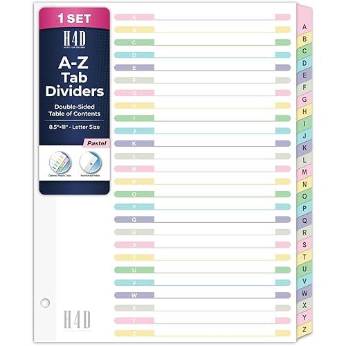 H4D Alphabet Binder Dividers for 3-Ring Binder, A-Z Tab Dividers with Customizable Table of Contents, Multicolor Tabs, Reinforced Holes, Letter Size, Pastel, 1 Set