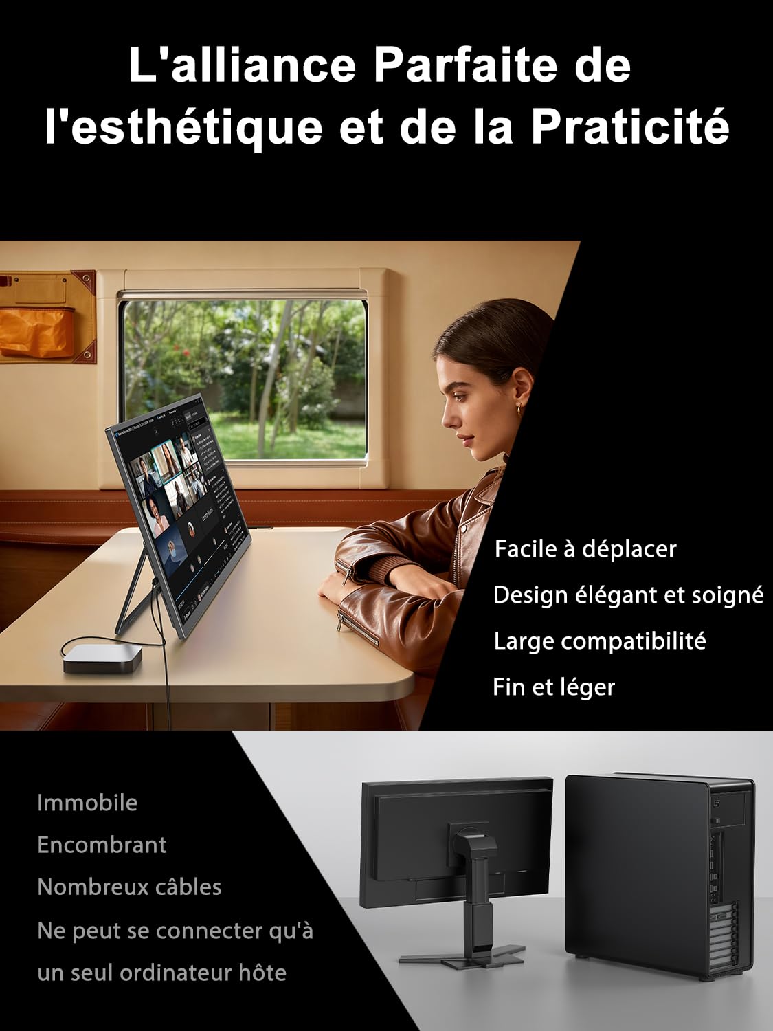 UPERFECT 27" 4K 144Hz | 1080p 288Hz Double Mode Écran Portable avec 600 Nits 2000:1 125% sRGB, Ports HDMI 2.1, DP et USB-C pour Ordinateurs Portables | PC | Consoles de Jeux, Compatible VESA