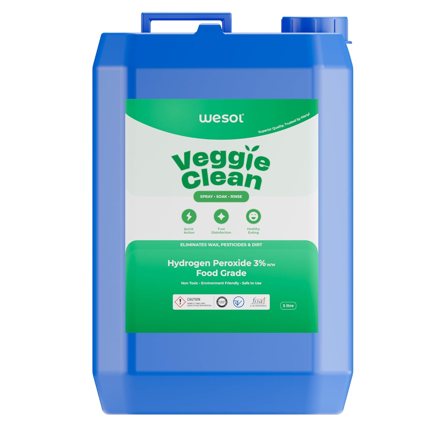 Wesol Vegetable Wash Liquid Hydrogen Peroxide 3% w/w Food Grade 5L Multi-Use Disinfectant | Kills 99.9% Germs & Viruses | Best For Cleaning, General Disinfection, Food production units