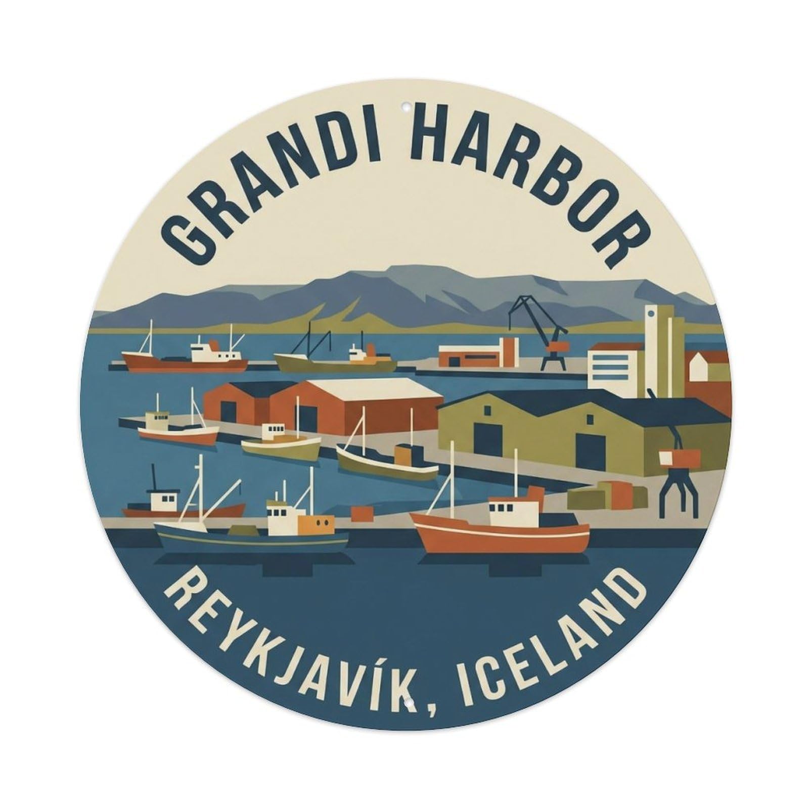 Vintage Travel Grandi Iceland Harbor Metal Tin Sign