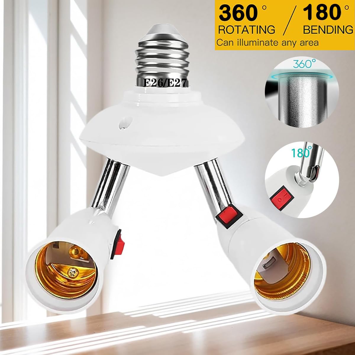 360 Degrees Adjustable 2 in 1 E26/E27 Splitter Socket Adapter. E26/E27 Standard LED Bulbs 360 Degrees Adjustable 180 Degree Bendable Max Watt 180W 2 white 4