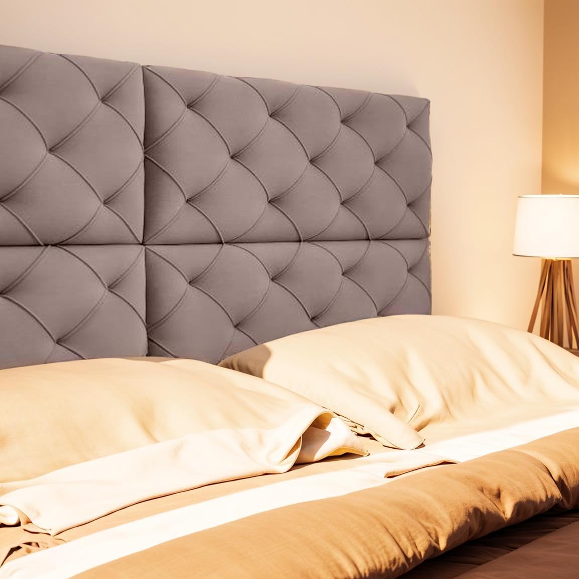 casacraft Diamond Tufted Upholstered Headboard Wall Panels, Pine Wood, Velvet Fabric, Water & Stain Resistant, Peel & Stick Panel for Home, Office, Pack of 4 Grey Tufted Queen Headboard(31x11.4