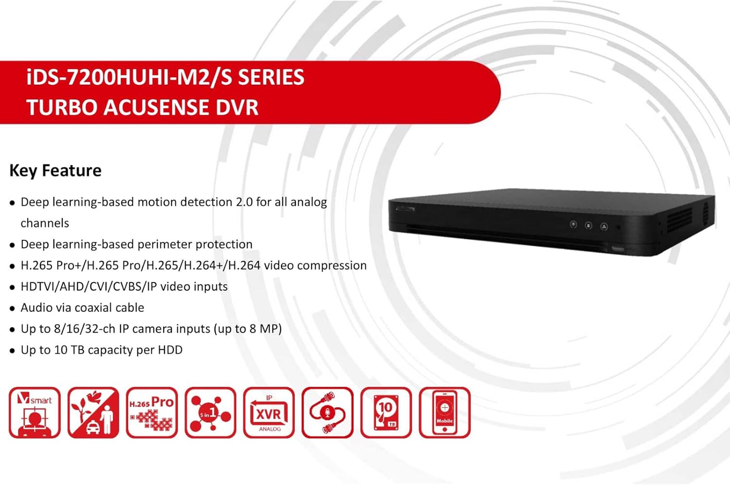 iDS-7208HUHI-M2/S 8 Channel 4K 8MP HD-TVI DVR, H.265+, 8CH Hybrid Recorder, 2 SATA (No Hard Drive), Supports up to 8MP TVI and up to 8MP IP Cameras, 4K HDMI