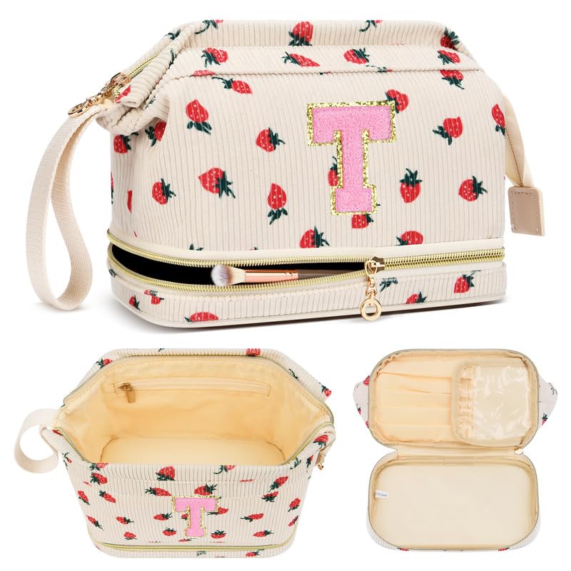 Personalized Makeup Bag Initial Valentine's Day Gifts forTeen Girl, Trendy Stuff Strawberry Cosmetic Bag with Makeup Brush Organizer, Double Layer