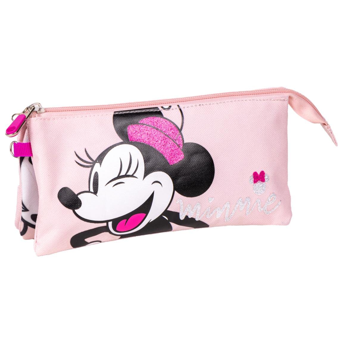 Estuche de Triple Compartimento de Minnie Mouse - Color Rosa - 22,5x2x11,5 cm - Fabricado con 100% Poliéster - Estampado de Minnie Mouse - Producto Original Diseñado en España