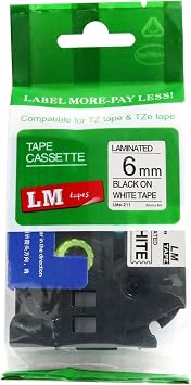 LM Tapes - Premium 1/4" 6mm Black on White Compatible TZe P-Touch Tape for use with Brother PT-2110, PT2110 Ptouch Label Printer Includes Tape Size/Color Guide.
