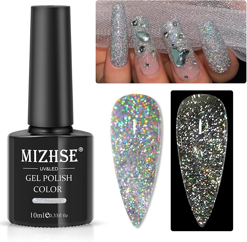 MIZHSE Glitter Gel Polish, Silver Sparkle Gel Nail Polish Diamond Disco | Reflective Glitter Gel Polish Soak Off U V Nail Art Varnish Manicure Home DIY 10ml