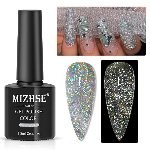 MIZHSE Glitter Gel Polish, Silver Sparkle Gel Nail Polish Diamond Disco Reflective Glitter Gel Polish Soak Off U V Nail Art Varnish Manicure Home DIY 10ml