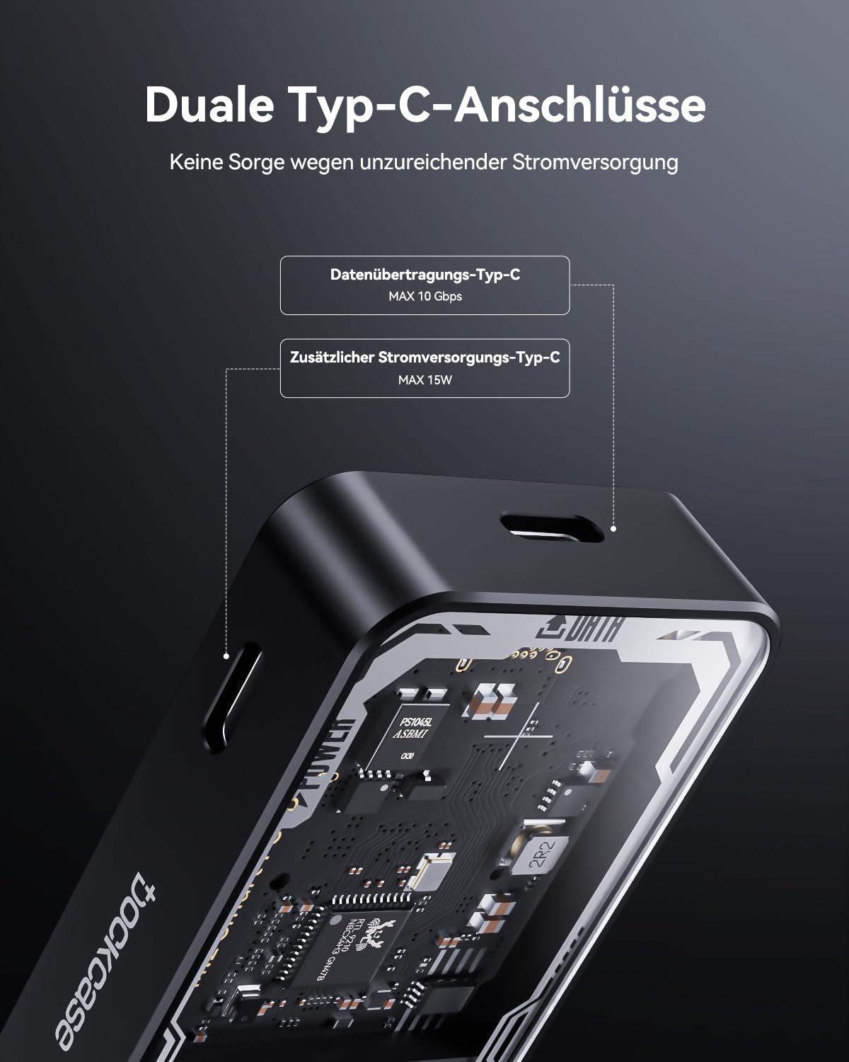 DOCKCASE Explorer Edition Smart M2 SSD Gehäuse - 10s Stromausfallschutz, NVMe Gehäuse, SSD-Gesundheitserkennung, Zwei Type-C-Anschlüsse USB-C 3.2 Gen 2 (10Gbps) für NVMe SSDs bis zu 4TB Schwarz