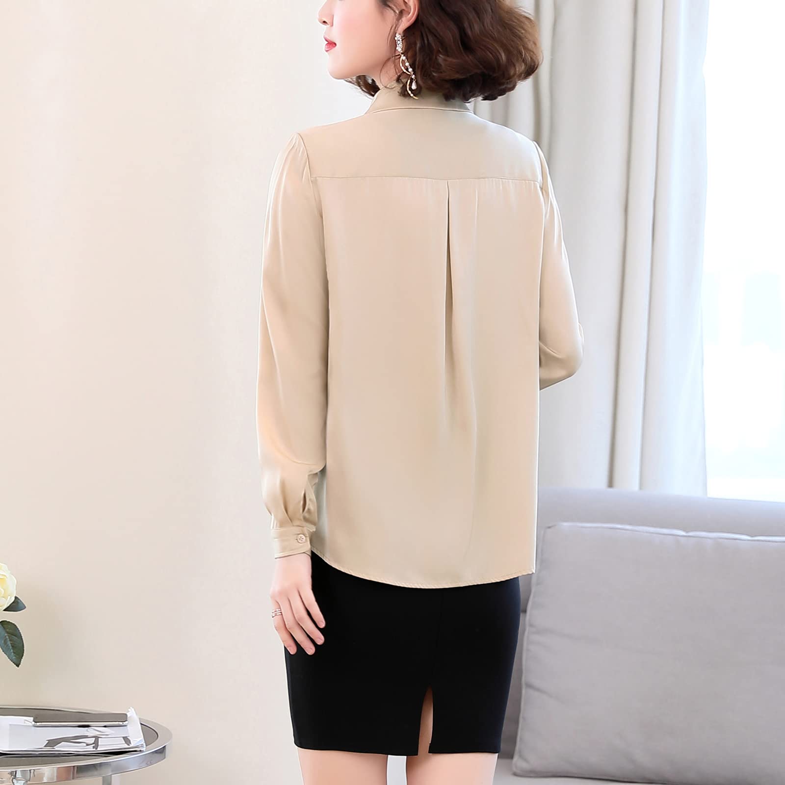 E-girl Blusa de seda para mujer Camisa Sólido Botón Abajo Camisas Blusa de Mujer Manga Larga Solapa Blusa de Seda,S1908