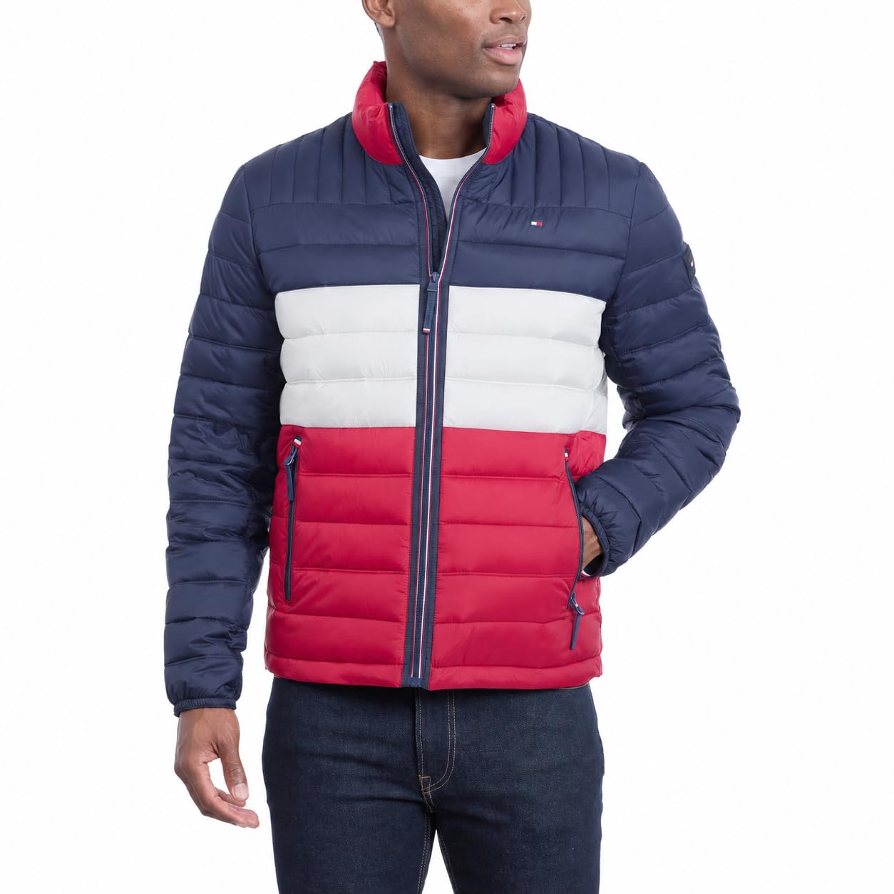 Tommy Hilfiger Men's Ultra Loft Packable Puffer Jacket Down Alternative Coat, Midnight/White/Red W/Patch, XXXL Tall
