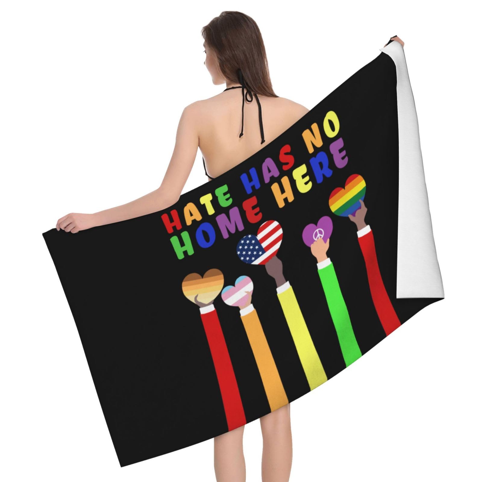 HLBSDM Microfiber Hate Has No Home Here LGBT Flag Beach Towel Quick Dry Soft Sand Free Beach Towels for Pool Swim Beach Lightweight Thin Towels