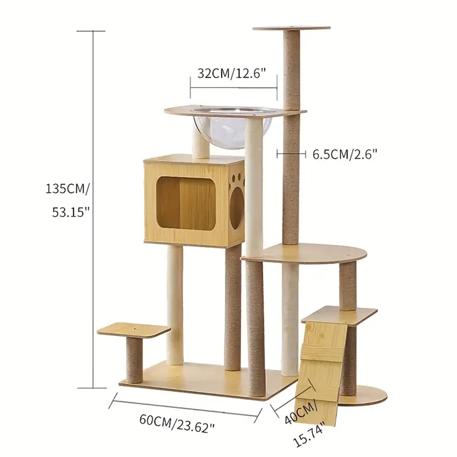 Albero per Gatti in Legno, Alto 135Cm, Tiragraffi per Gatti Adulti, Tiragraffi per Gatti con Cuccia, Piattaforma, Capsula in Acrilico, Casetta per Gatti, Albero Tiragraffi per Gatti