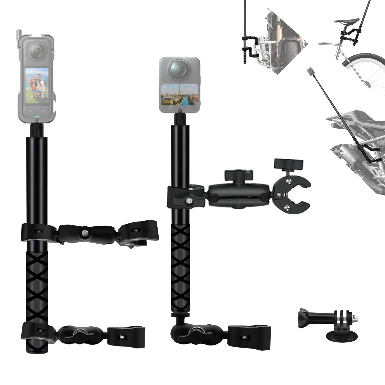 HAFOKO Moto Appareil Photo Kit Compatible Avec DJI Osmo 360, Compatible Avec Insta360 X5 Double Clamp Support Avec 47'' Invisible Bâton Moto Vélo Guidon Support Compatible Avec GoPro12-3 Cyclisme UTV