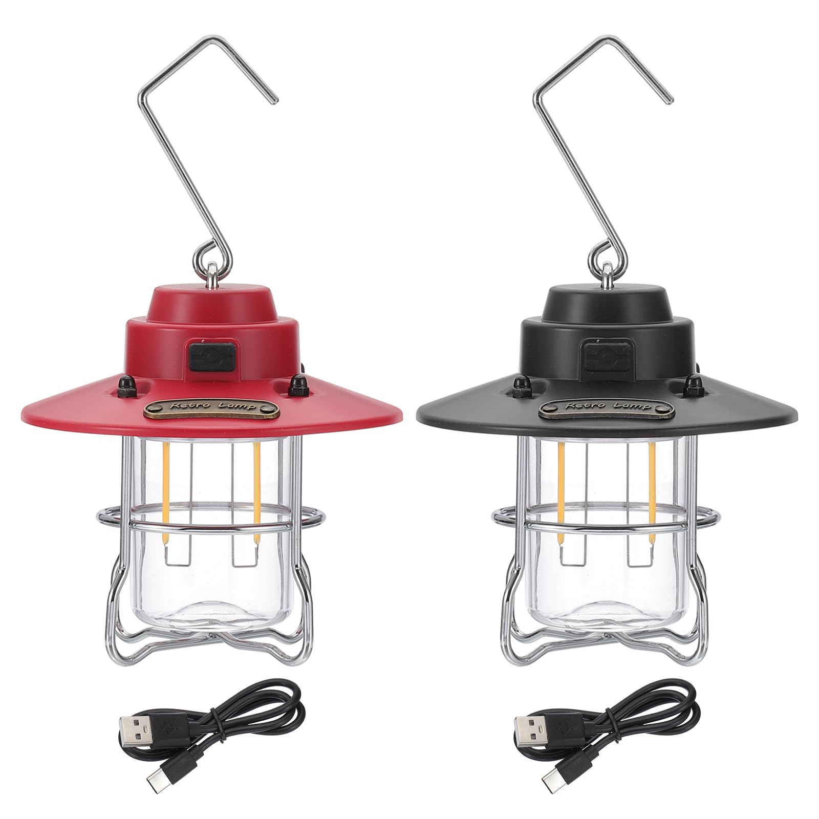 PATIKIL Lanterna da campeggio a LED, confezione da 2 lanterne ricaricabili vintage, 3 modalità di illuminazione, portatile, da appendere, per campeggio, escursionismo, pesca, rosso, nero, 9 cm