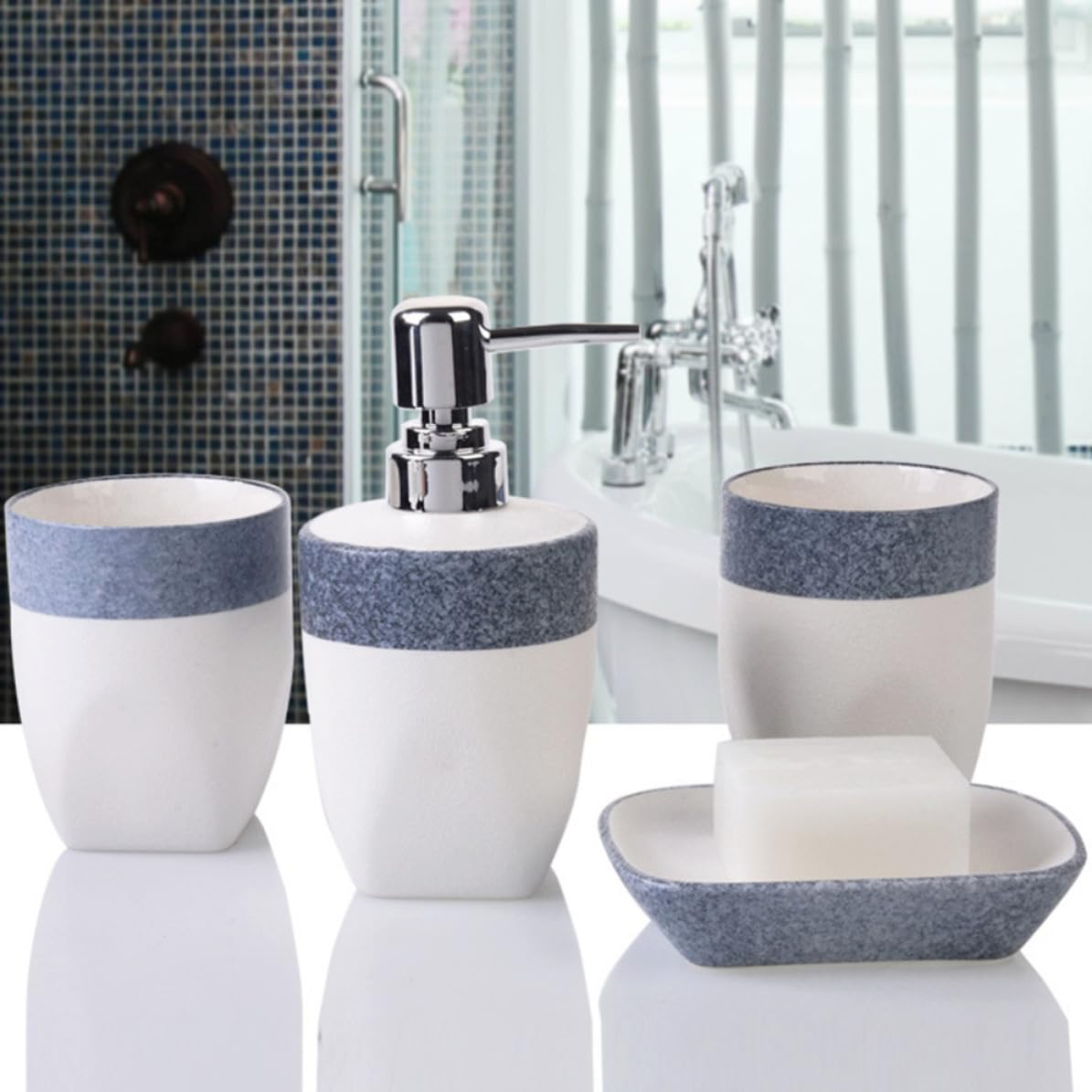 Mipcase 1juego Cerámica de Baño Set de Vaso para Cepillo de Dientes Soporte de Jabón Bandeja Color Azul Set de Accesorios para Cuarto de Baño Creativo y Práctico