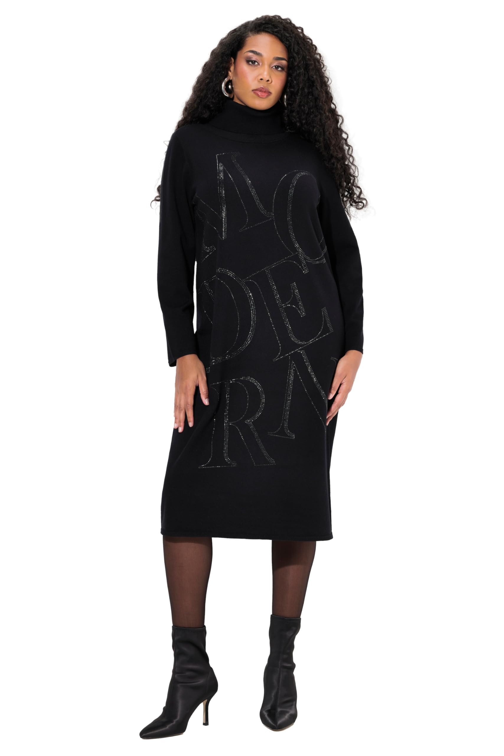Ulla Popken Damen große Größen Übergrößen Plus Size Strickkleid, Buchstaben, Stehkragen, Langarm 833483