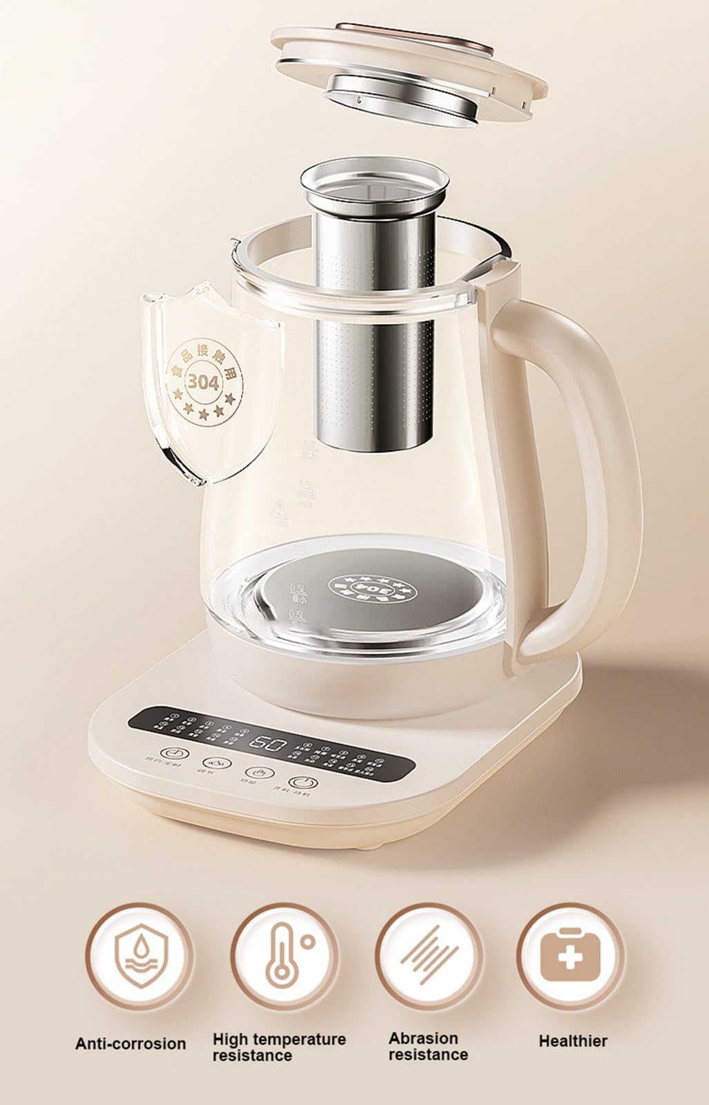 Genérico Hervidor eléctrico Health Pot, Capacidad de 1,8 L, 20 Funciones saludables, Apagado automático, Filtro de té extraíble, Vidrio.