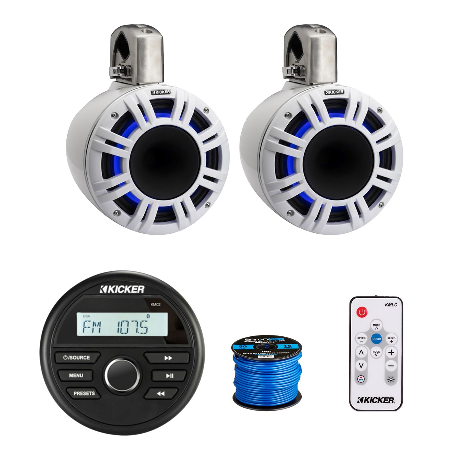 Kicker 46KMC2 Marine Gauge Style USB Bluetooth AM/FM Stereo Media Center Receiver, 2X 8 500 Watt Peak Multicolor LED Horn-Loaded (HLCD) Tower Speakers (White) with LED Remote, 50 Feet Wire