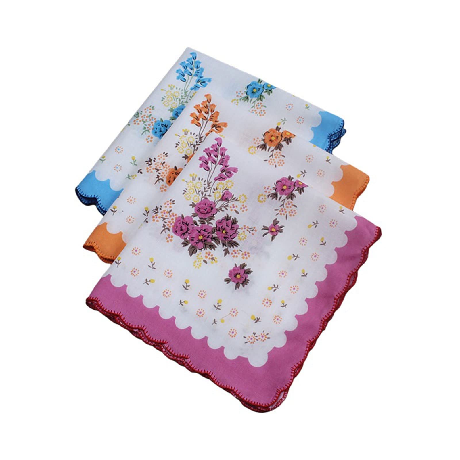 Fentency 3pieces Women Cotton Handkerchiefs Flower Embroidered with Lace Hankies Ladies Handkerchief for Afternoon Tea