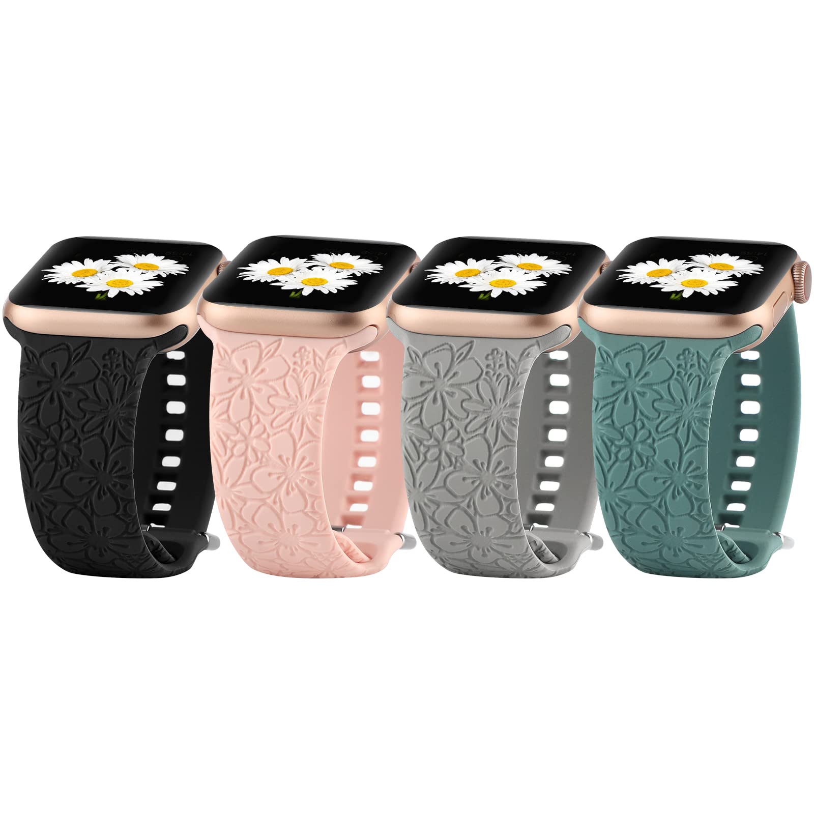 4 Pack Sport Band Compatible with Apple Watch Bands 38mm 40mm 41mm, Floral Engraved Soft Silicone Fancy Cute Flower Fadeless Pattern Replacement Strap for iWatch Series SE 9 8 7 6 5 4 3 2 1 Women