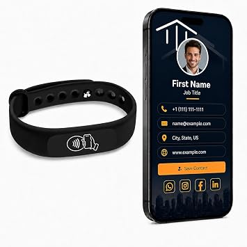 NFC Smart Business Card Wristband, Black, Adjustable | QR Code, Waterproof Silicone, Tap to Share Contact Info, Works with iPhone and Android