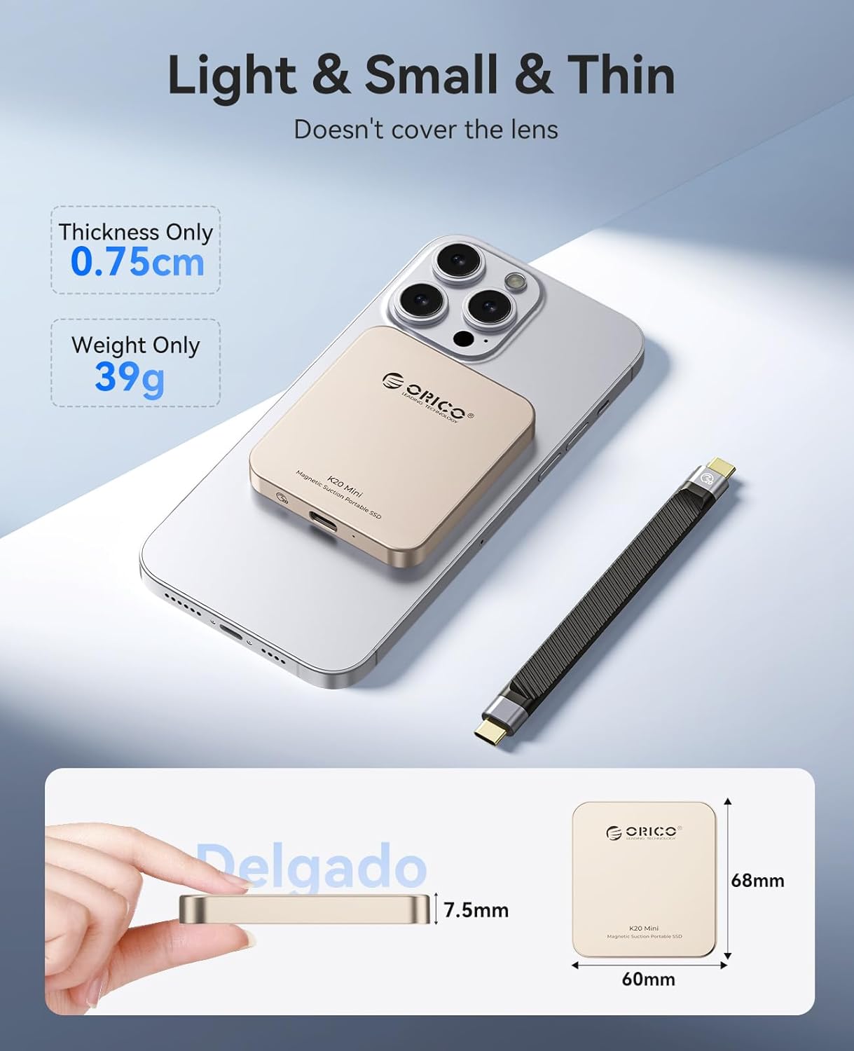 ORICO 512GB Magnetic External SSD, Aluminum Alloy, Up to 2000MB/s, 4K 120Hz ProRes HDR Record and Store, External Solid State Drive, Compatible with iPhone 17 Pro Max, Tablet, Computer - K20MINI Gold