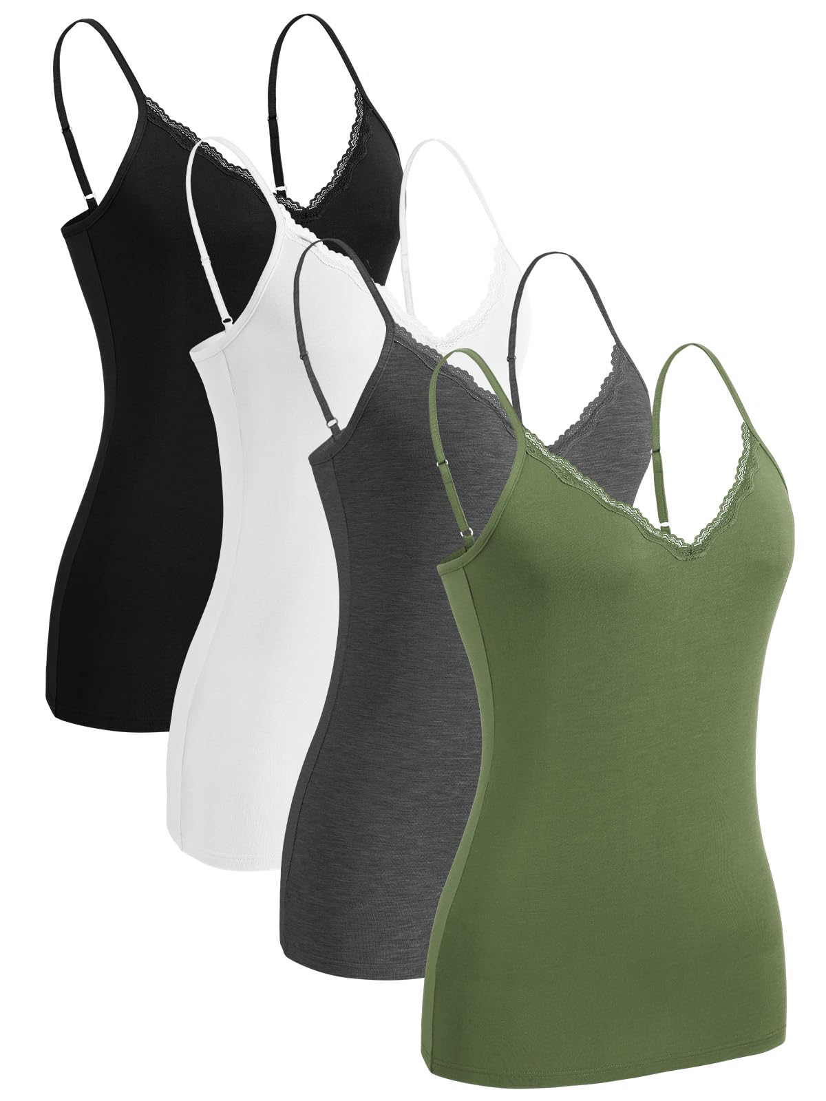 Knuffnee Damen Spitzen Unterhemd Spaghetti Träger Tank Top Verstellbare V-Ausschnitt Unterhemden 4er Pack