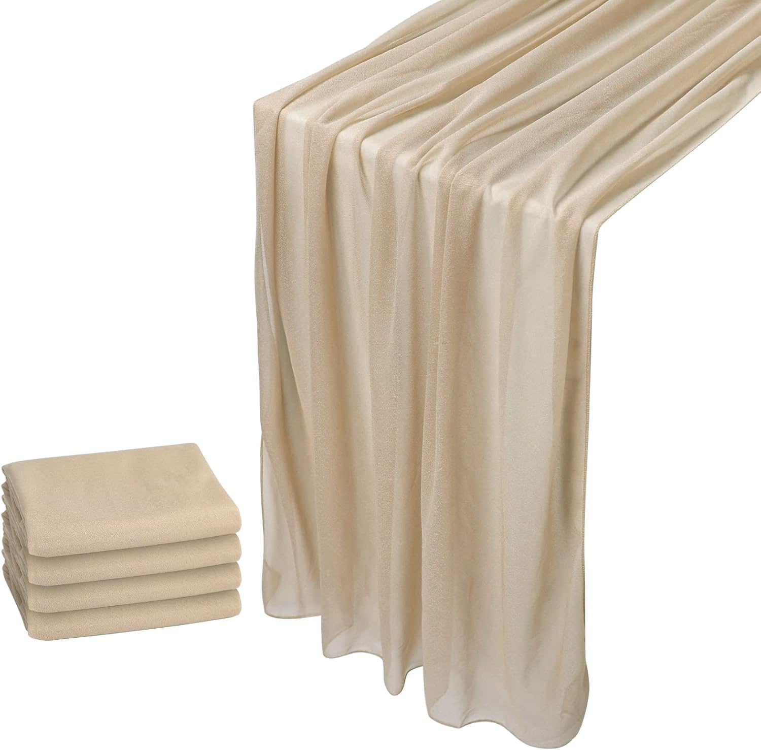 WELTRXE 4 Pack Champagne Chiffon Table Runner 30x120 Inches Romantic Sheer Wedding Table Runner Glitter Brown Tulle Fabric Party Table Decorations for Wedding, Birthday Party, Bridal & Baby Shower