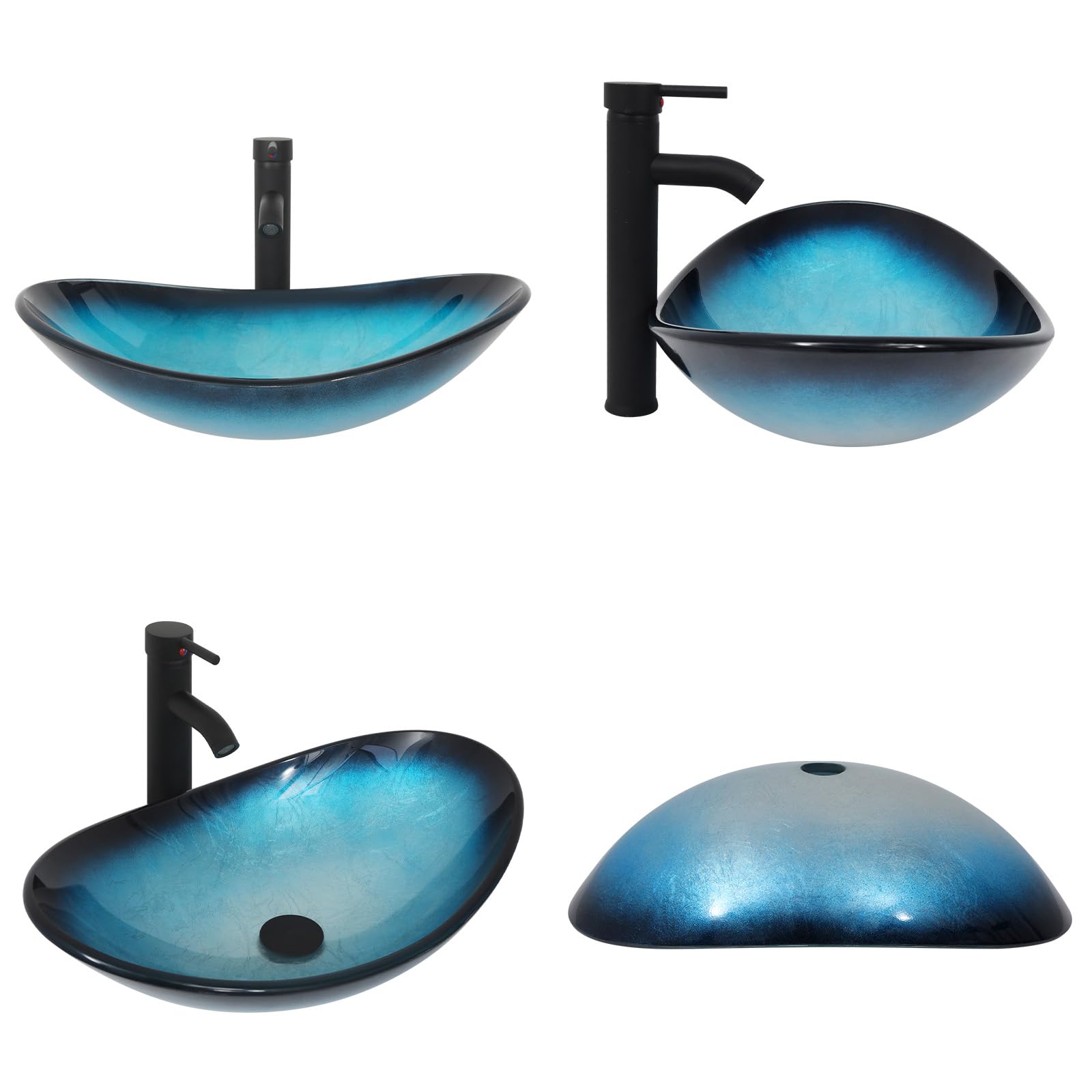 YU YUSING Ensemble Complet- Lavabo Ovale en Verre avec Robinet, Vasque à Poser, Lave-Mains, pour Salle de Bain, Cuisine, WC d'invités, Bleu Moderne, 53 x 35 x 16 cm