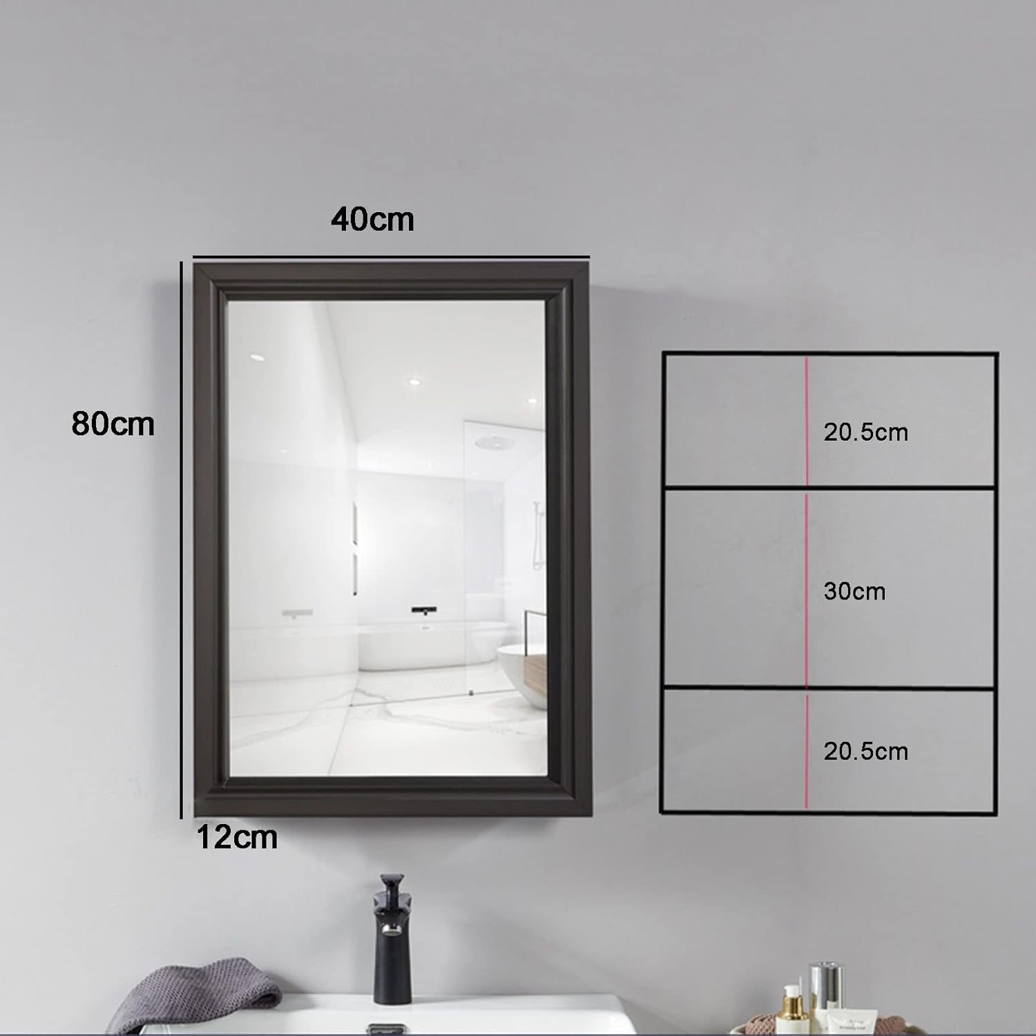 Single Door Mirror Cabinet Double-Sided Mirror Mirror Cabinet Makeup Mirror Bathroom Cabinet Toilet Mirror Box Storage Cabinet (Color : Black, Size : 40 * 12 * 80cm)